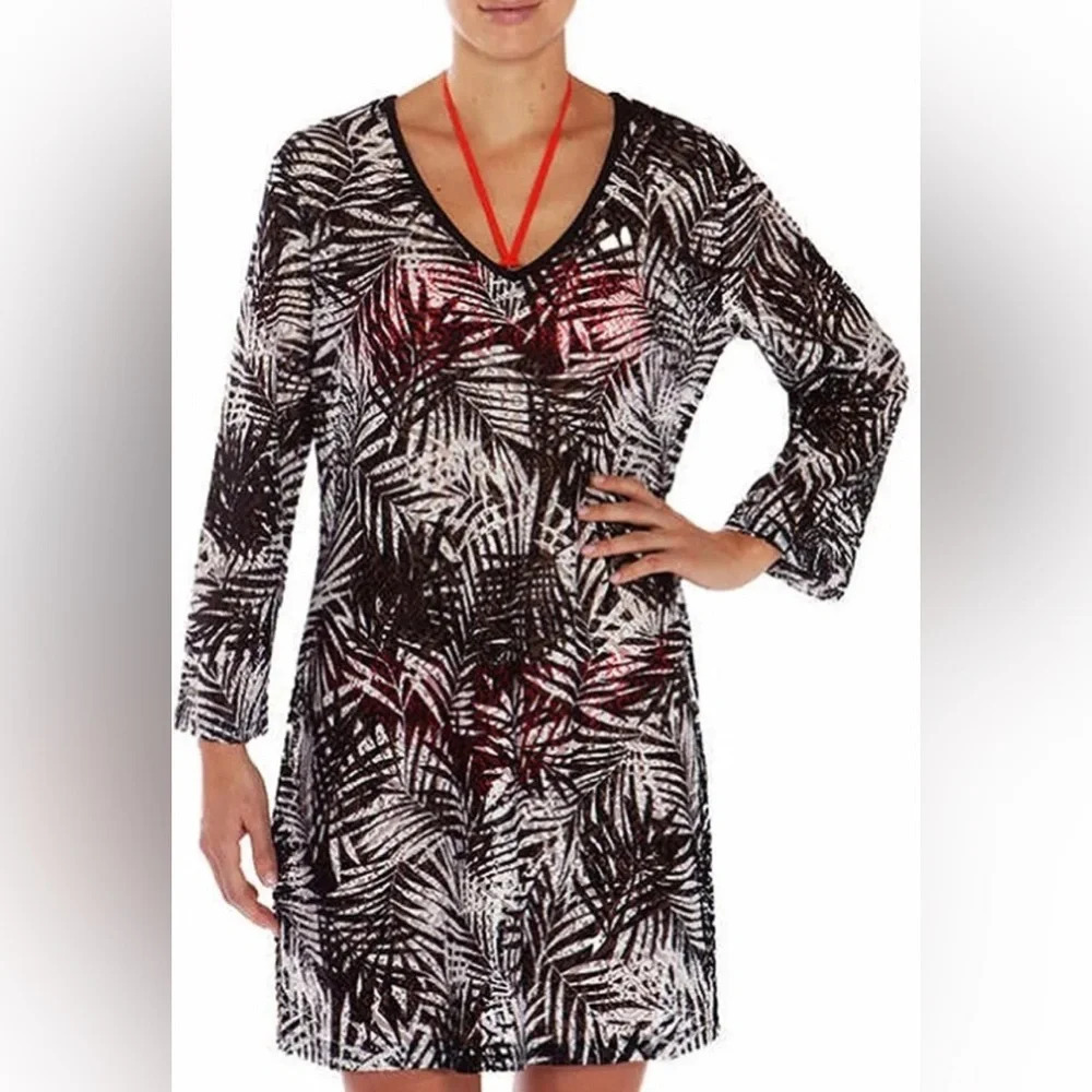 Mario Serrani Italy Black White Tropical Print Swim Cover Up Tunic Dress XL
